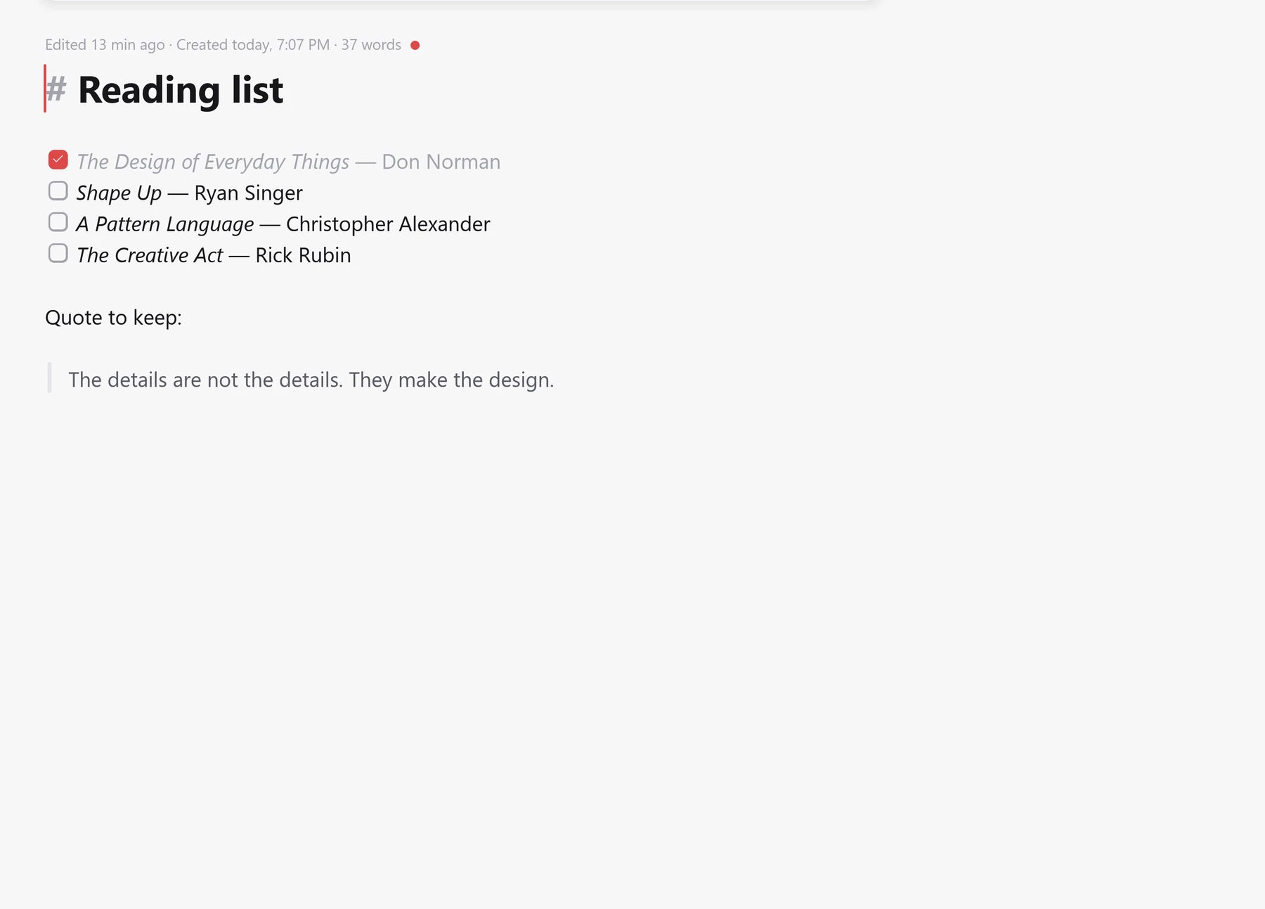 A Notsy note with headings, a checklist and a table