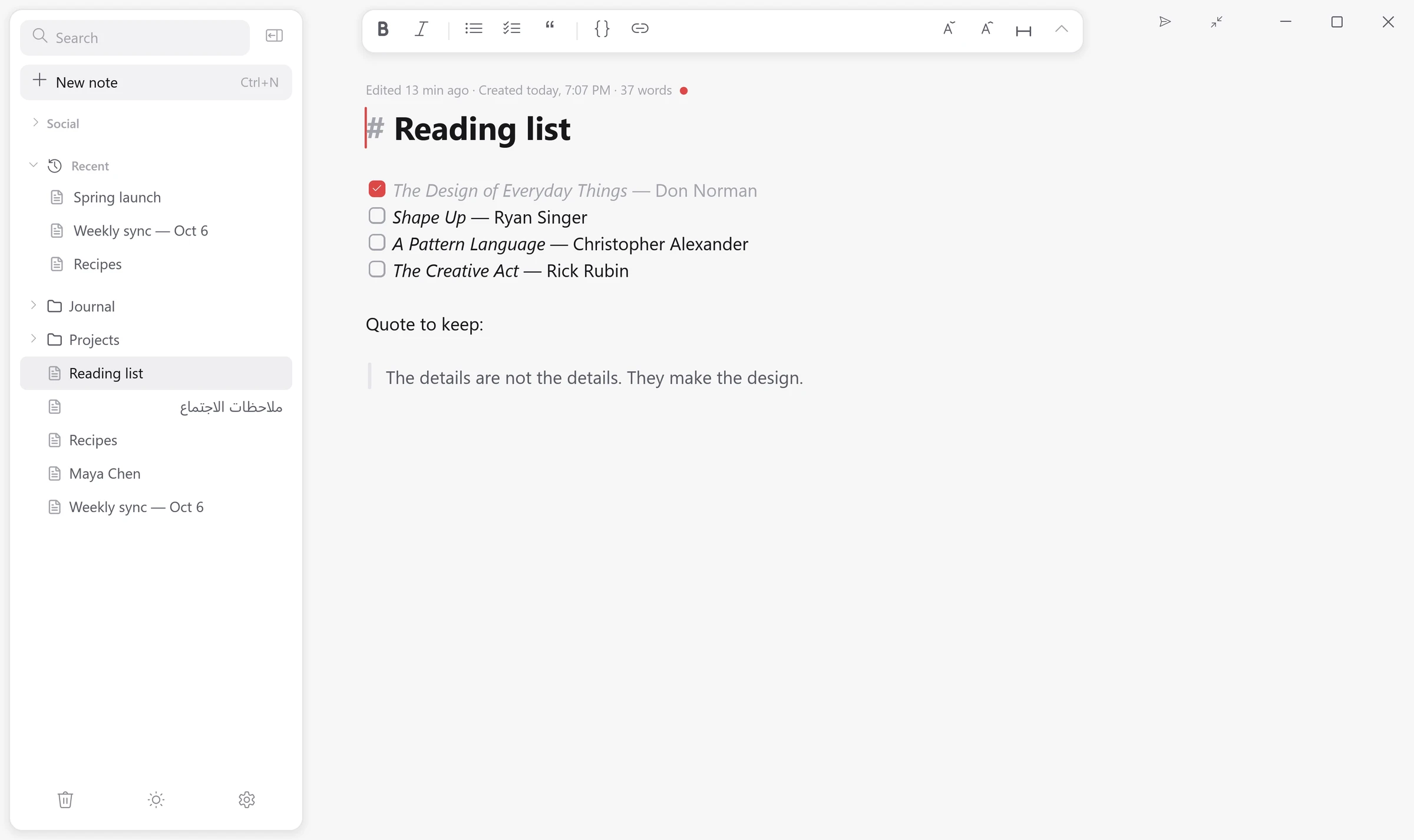 A Notsy note with headings, a checklist and a table